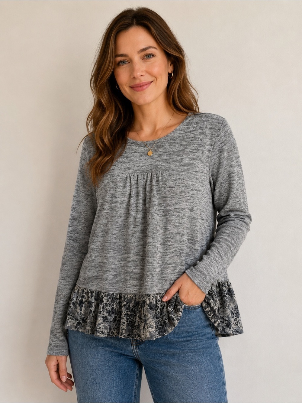 Doe & Rae Heather Gray Long Sleeve Top with Ruffled Printed Hem